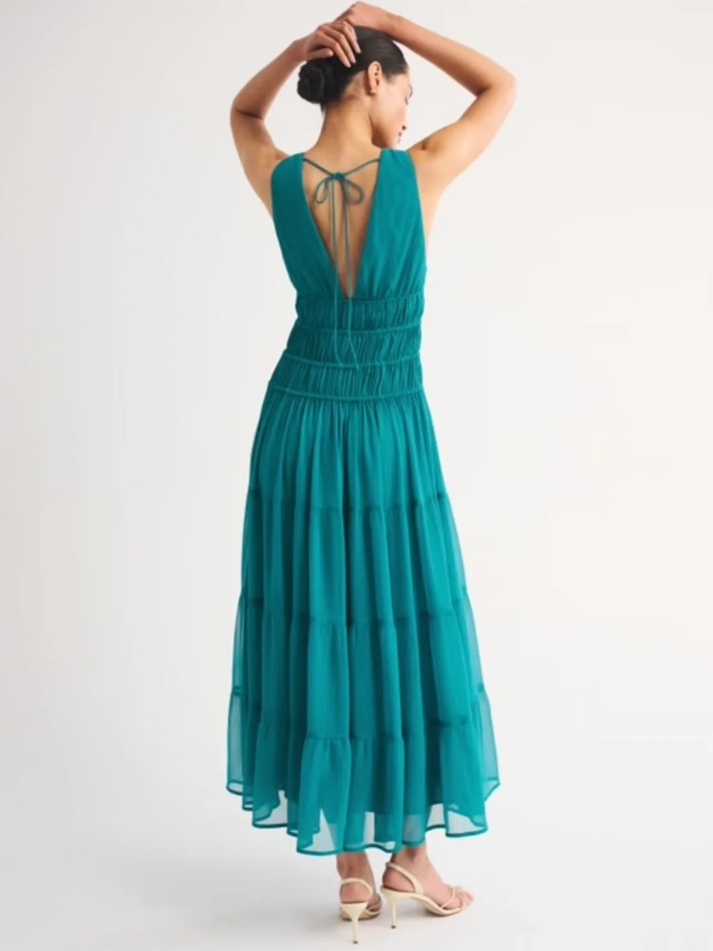 Abercrombie Bra-Free Ruched Flowy Maxi Dress Teal Medium Petite